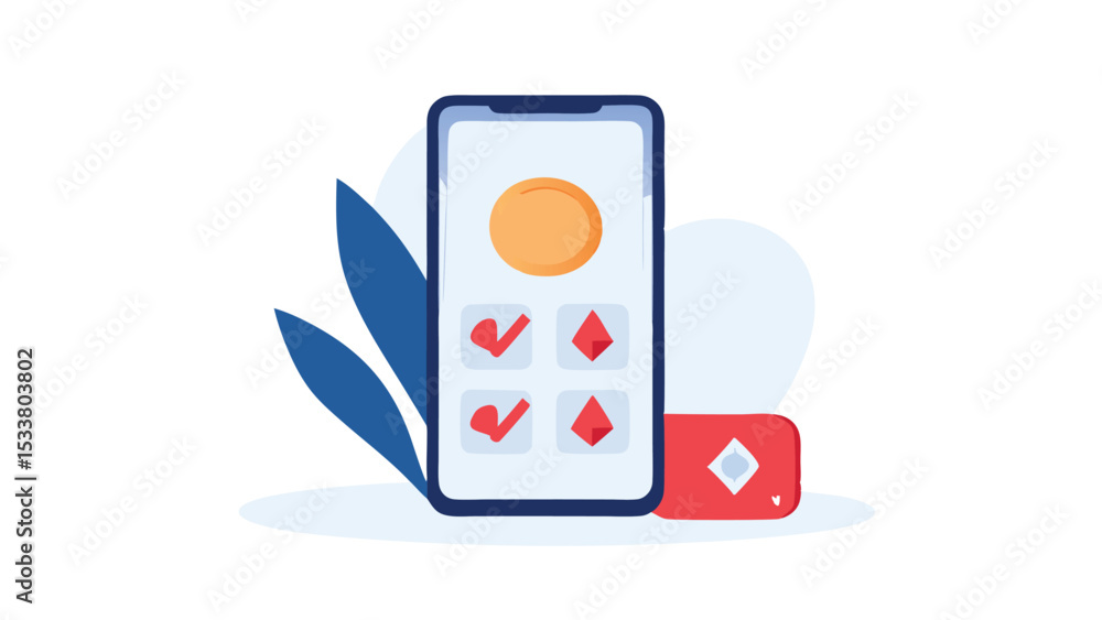 Aufkleber smartphone displaying a coin and check marks with diamond shapes in a modern illustration style