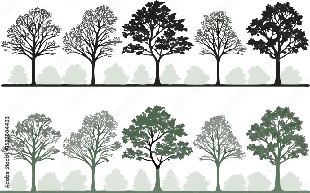 Poster a collection of vector trees in various styles and colors for nature and landscape designs