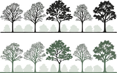 A collection of vector trees in various styles and colors for nature and landscape designs