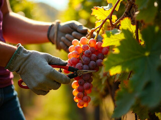 Close-up of gloved hands harvesting grapes in vineyard at sunset
