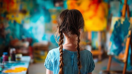 A young girl with brown hair in braids stands in an art studio. 