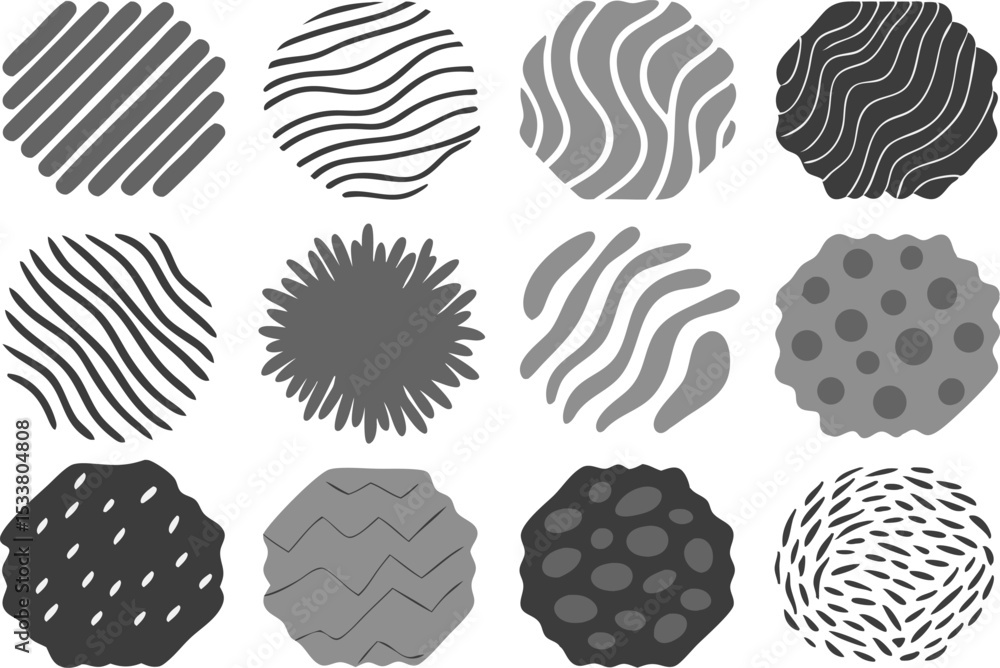 Poster collection of twelve abstract graphic elements in various textured patterns for design projects