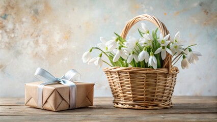 A wrapped gift and a wicker basket filled with delicate white snowdrop blossoms on a rustic wooden surface.