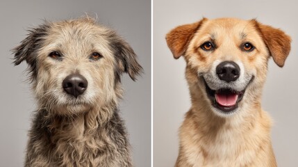 Two dogs side by side. The left dog is a scruffy mixed breed. The right pet is a golden retriever mix with a smooth coat and a happy expression.