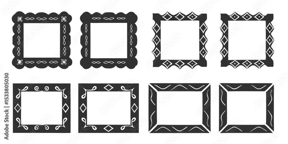 Poster illustration of eight decorative frames with various designs and shapes arranged in two rows of four