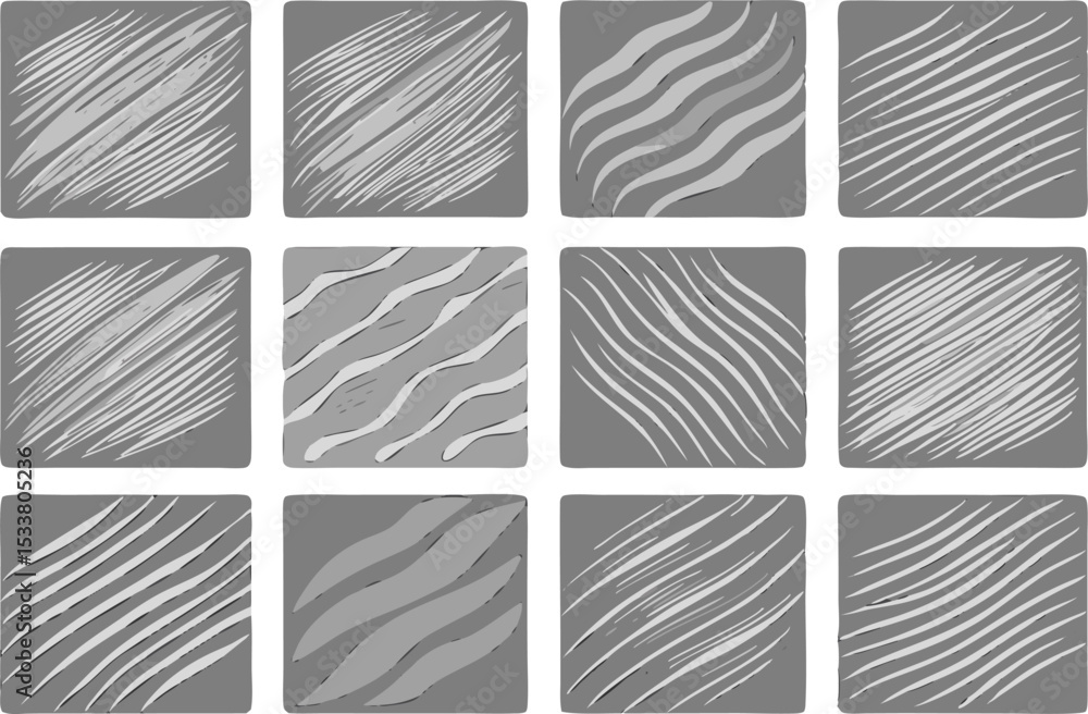 Poster hand drawn artistic patterned square tiles with different texture variations in grayscale