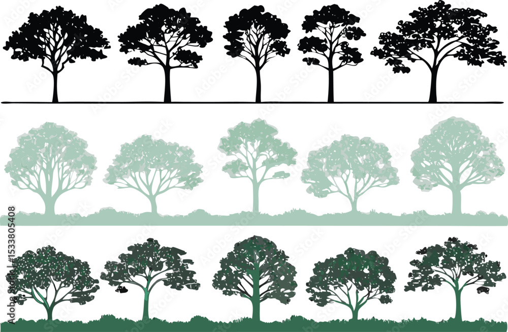 Poster set of various tree silhouettes in three different color tones and styles for design projects