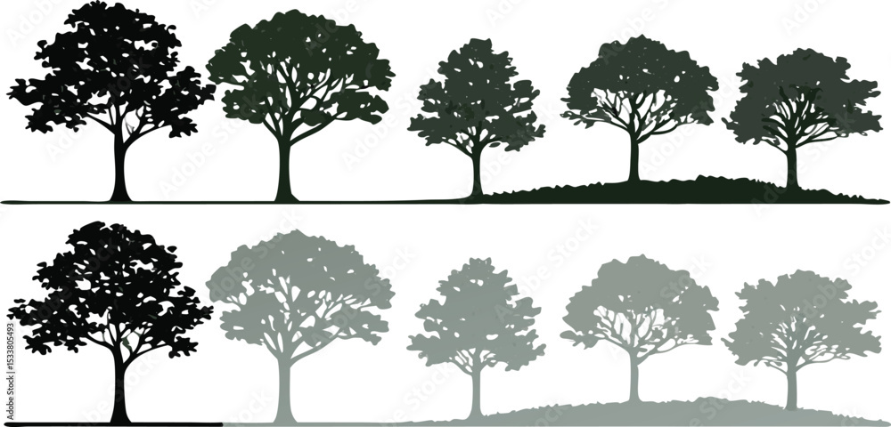 Poster silhouette trees in various styles demonstrating nature and environmental design elements