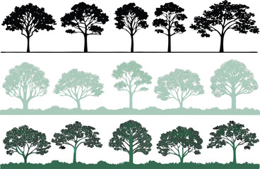 Set of various tree silhouettes in three different color tones and styles for design projects