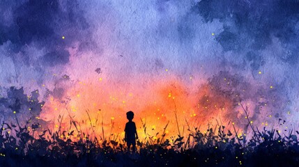 Fototapeta premium Dramatic silhouette, man stands defiant against raging wildfire in grassy field