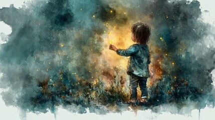 Obraz premium Curious boy explores nature's wonders, child's gaze towards the sky young