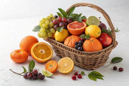 Um delicioso cesto de frutas frescas laranjas toranjas lim&otilde;es e uvas on white background