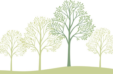 Simple line art illustration of four trees in various shades of green and yellow