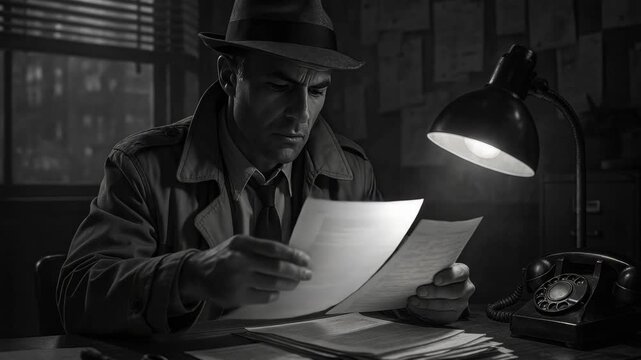 Noir-style video still of a detective in a dimly lit office, reading documents. Shot from a low angle, highlighting a vintage lamp and phone.