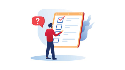 A man in red shirt and blue pants is pointing at a checklist with a question mark nearby on a white backdrop