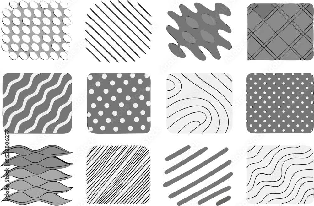 Poster twelve various grayscale patterns in rounded squares for design and backgrounds