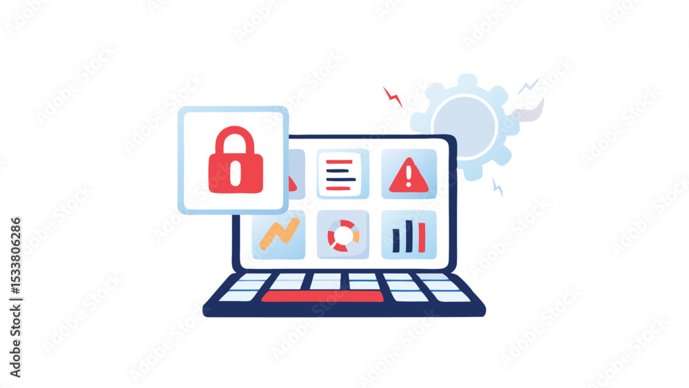 Poster laptop showing security lock and dashboard icons with a gear in the background design