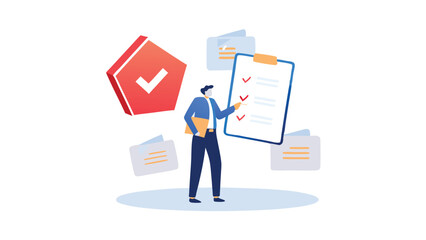 Man in suit checking off items on a clipboard with a red check mark in the background vector