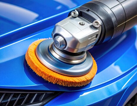 Close-up of orange buffer machine polishing vibrant blue car surface