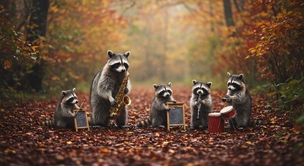 Autumnal Raccoon Jazz Band A whimsical woodland music scene
