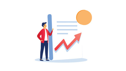 Illustration of a man presenting a chart with an upward trending arrow and a sun icon above it
