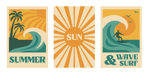 Summer poster in retro naive style. Abstract backgrounds set with palm, sun, beach, sea, ocean, wave, surf. Vector design template for Surf club, summer sale, travel, vacation, spa concept