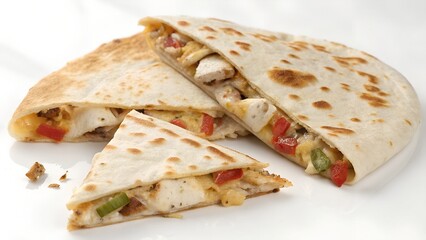 Cut quesadilla showing melted cheese and filling on white