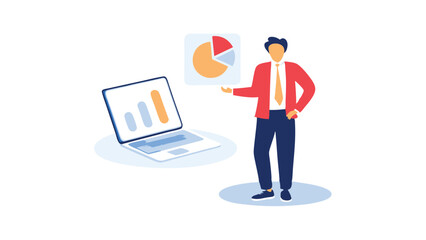 Illustration of a man presenting data with a laptop and a pie chart on a white background