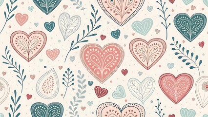 Hand drawn heart shape holiday background with abstract hearts. Seamless light pattern