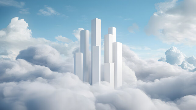 Futuristic white skyscrapers rise above dense clouds under a bright blue sky, creating a surreal cityscape in the sky.