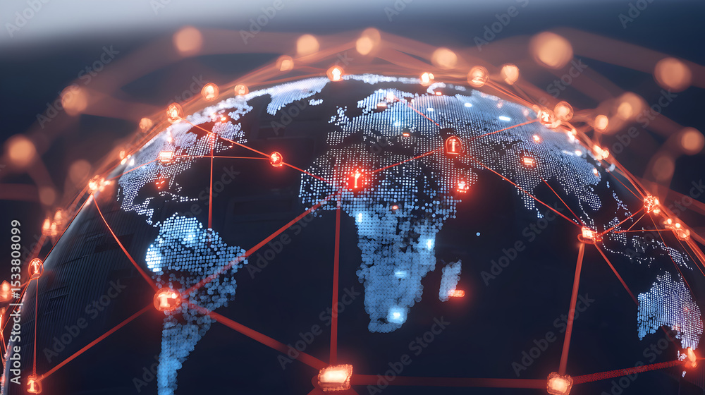 Poster a digital globe showing illuminated world map connected by a network of glowing red nodes and lines,