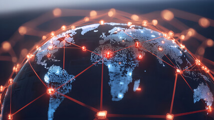 A digital globe showing illuminated world map connected by a network of glowing red nodes and lines, representing global communication and data exchange.