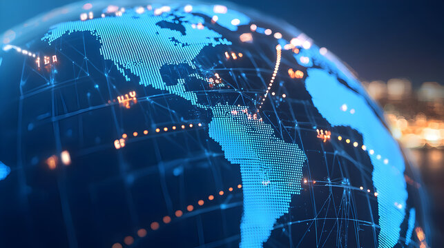 A glowing digital globe showing the Americas with network connections and data points symbolizing global communication and technology. - Powered by Adobe