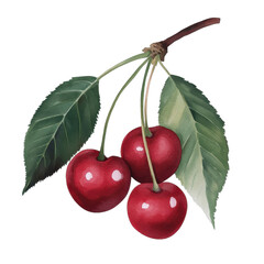Fresh cherries on a lush green branch. transparent background