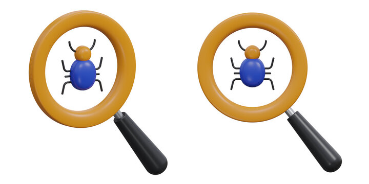 3d bug scan icon with magnifying glass for malware detection