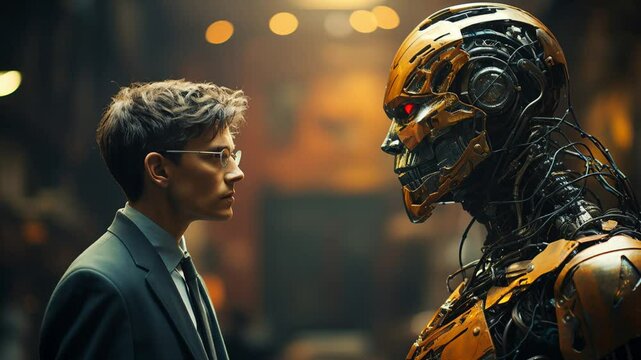 Human in formal attire stares intently at a futuristic robot. The setting suggests a potential moment of understanding or confrontation, highlighting tension between man and machine.