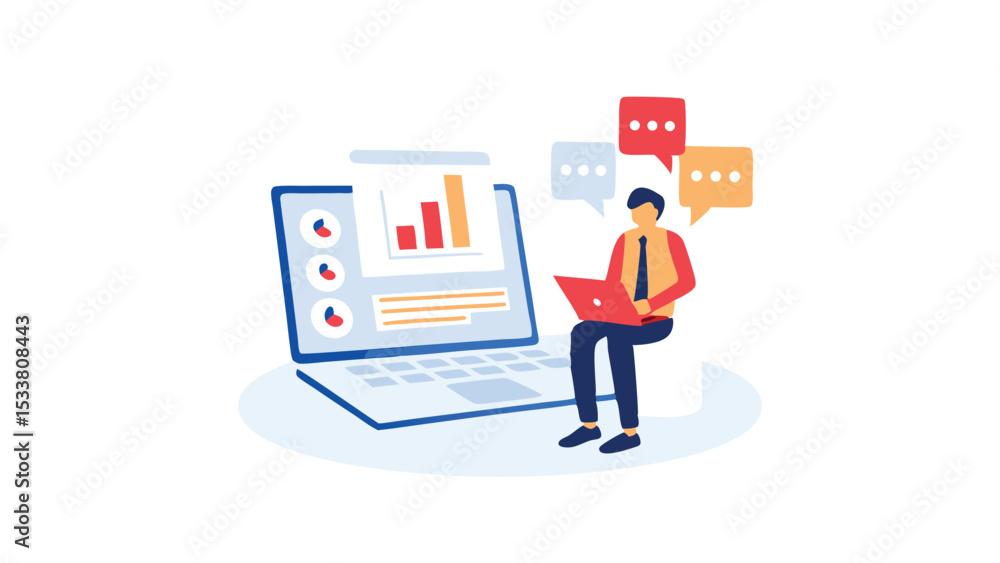 Poster person using laptop with data charts on screen and speech bubbles for communication analysis online