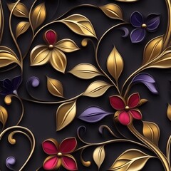 A luxurious seamless pattern of ornate 3D golden vines and leaves intertwined with vibrant red and purple metallic flowers against a dark, textured background, conveying opulence and intricate design.