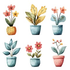 Clipart set of 6 decorative potted flowers, hand-painted in watercolor style, perfect for garden-themed designs, home decor, invitations, and spring illustrations.