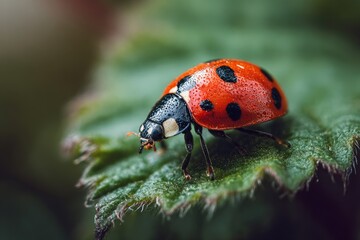 Fototapeta premium Macro photograph of a ladybug on a green leaf, shallow depth of field, natural lighting