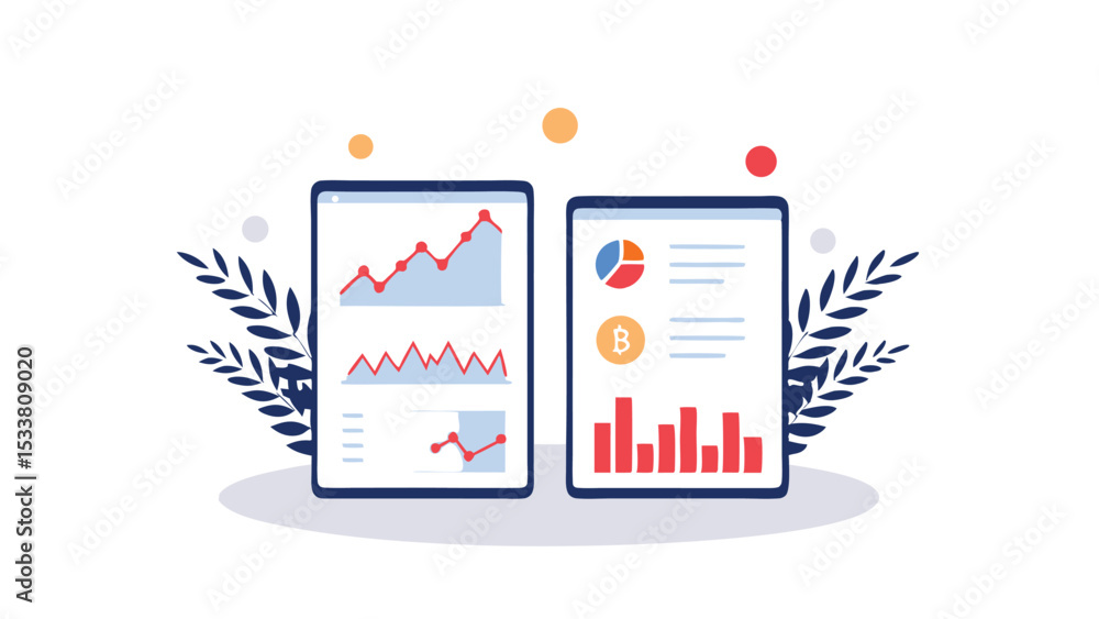 Poster illustration showing two tablets displaying financial data charts and graphs with decorative leaves 