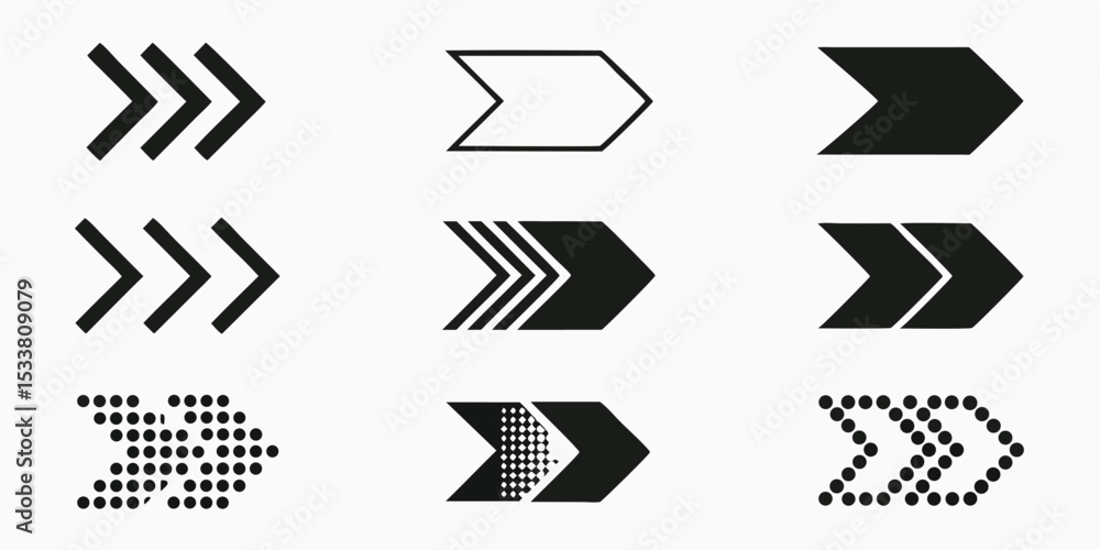 Poster collection of nine arrow illustrations showing different styles and design variations on a light bac