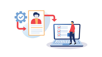 Automated resume screening process with a person and laptop and gear with a check mark icon