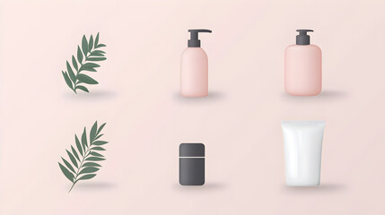 Minimalist skincare products including lotion bottles, a deodorant stick, cream tube, and green leaves on a soft pink background.