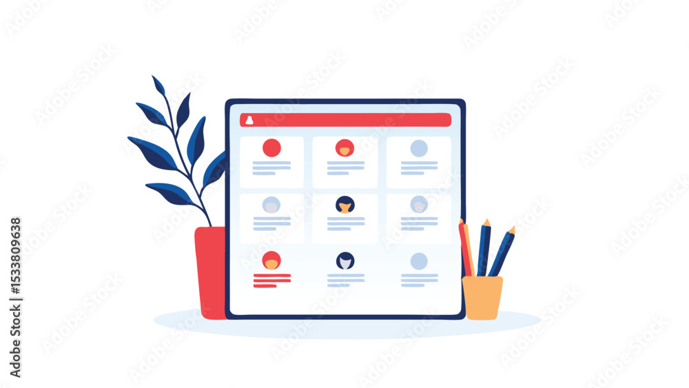 Poster illustration of a dashboard interface with user profiles next to a plant and pencils in a container