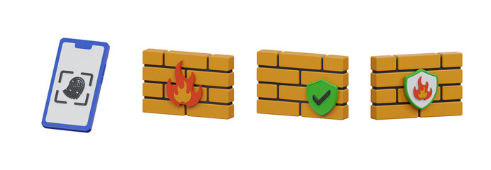 3d firewall and mobile security vector icon set