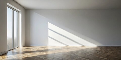 Obraz premium Sunlight streams through a large window into a minimalist room with herringbone hardwood floors and white walls