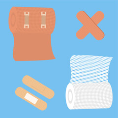 Wound care kit for skin injuries,
includes gauze roll, brown bandage,
and adhesive wound plaster included,
flat design style, first aid.