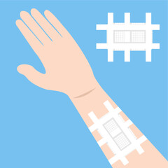 Patient’s arm wrapped in gauze pad,
secured using white adhesive tape,
for wound treatment and first aid,
doctor care, flat design style.