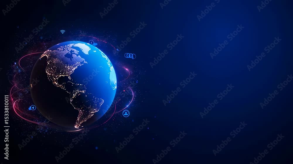 Poster global network with connected lines and digital icons around planet earth. advanced technology data 